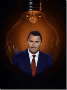 Insightful political commentary by a news analyst inside a light bulb, representing ideas and innovation in information sharing.