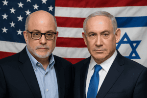 Veteran political commentators standing in front of the American and Israeli flags for One Citizen Speaking.