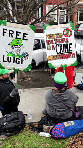 Free Luigi protest sign, healthcare is a crime against humanity demonstration, citizen activism, healthcare reform advocacy, political protest against government healthcare policies, public demonstration for individual rights, grassroots activism.