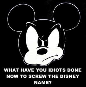 A black and white cartoon Mickey Mouse drawing with an angry expression, accompanied by bold text questioning Disney name changes.