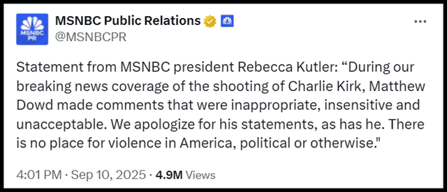 MSNBC Public Relations logo and social media post promoting a statement from Rebecca Kutler on the Charlie Kirk shooting, reflecting media response and political commentary.