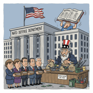American flag flying over the NATO Defense Department building, with Congress members holding bowls, an Uncle Sam figure managing defense spending and budget, and a businessman reading a defense budget report, highlighting government budget and defense spending issues.