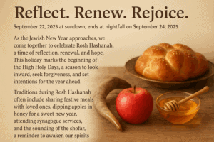 Rosh Hashanah celebration, traditional holiday meal, Jewish New Year, holiday reflection, religious observance, honey and apple, spiritual renewal, Thanksgiving for Rosh Hashanah.