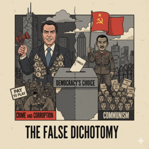 Corruption and communist influence threaten democratic choices in this illustration about the false dichotomy.