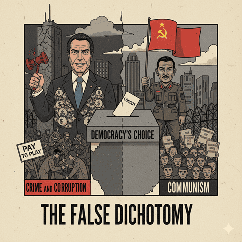 Corruption and communist influence threaten democratic choices in this illustration about the false dichotomy.