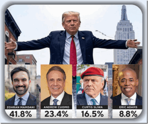 Election results image showing Donald Trump and four other candidates with their respective vote percentages, emphasizing political participation and candidate support in US elections.