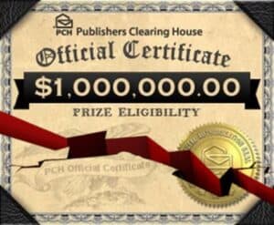 $1,000,000 official certificate with a red ribbon and gold seal, representing a large prize eligibility from PCH Publishers Clearing House for sweepstakes or contests.
