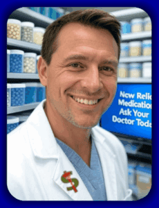 Highly professional pharmacist in a pharmacy setting with medication shelves in the background, promoting medication consultation and healthcare advice.