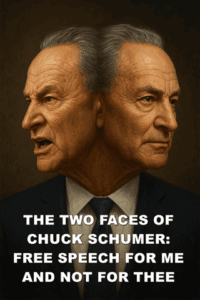 Alt text: Dual portrait of Chuck Schumer showing two contrasting faces symbolizing political debate and free speech concerns.