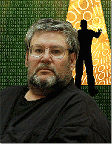 A middle-aged man with glasses and a beard in front of a digital background featuring a silhouetted figure and abstract patterns.