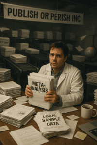 Stacks of documents and a man holding a "Meta-Analysis" report in a cluttered office environment, with a sign that reads "Publish or Perish Inc." in the background.