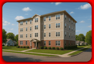 Apartment building exterior with multiple floors and large windows in a suburban neighborhood near single-family homes, landscaped lawn, and blue sky, modern residential living, property development, real estate investment.