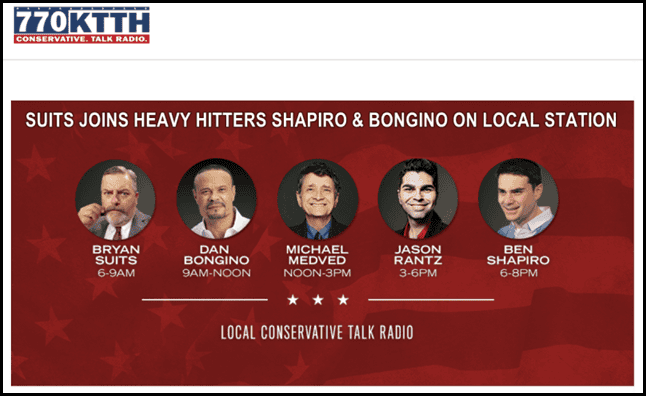 Seinfeld cast photo of Bryan Suits, Dan Bongino, Michael Medved, Jason Rantz, and Ben Shapiro discussing conservative talk radio on One Citizen Speaking website.