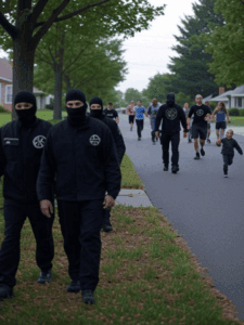 Masked individuals walking in a residential neighborhood during daylight, with a group of people including children in the background.