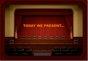 A courtroom stage with red curtains, a row of chairs, and American flags on either side, featuring the text "Today We Present..." in bold orange font, symbolizing legal proceedings or public speaking events.