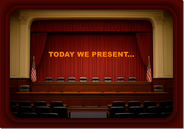 A courtroom stage with red curtains, a row of chairs, and American flags on either side, featuring the text "Today We Present..." in bold orange font, symbolizing legal proceedings or public speaking events.