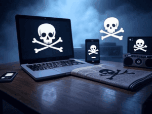 Skull and crossbones warning symbol displayed on multiple devices including a laptop, smartphone, and tablet, representing cybersecurity threats and digital piracy.