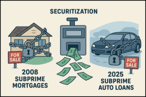 Securitization of subprime mortgages and auto loans, financial crisis, mortgage loans, auto loan security, economic impact, financial crisis 2008, subprime lending, investment security, economic downturn.