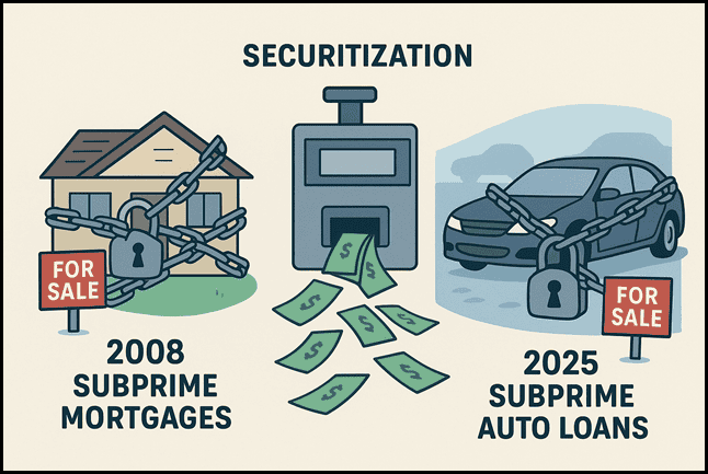 Securitization of subprime mortgages and auto loans, financial crisis, mortgage loans, auto loan security, economic impact, financial crisis 2008, subprime lending, investment security, economic downturn.