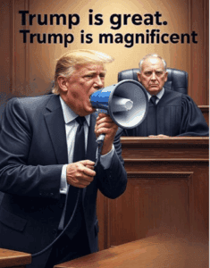 Donald Trump using a megaphone in a courtroom setting, with a judge in the background, emphasizing Trump’s political influence and media presence, relevant to political commentary and news.