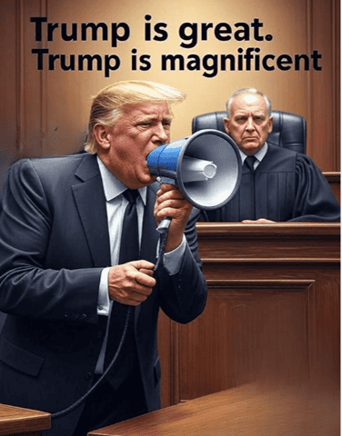Donald Trump using a megaphone in a courtroom setting, with a judge in the background, emphasizing Trump’s political influence and media presence, relevant to political commentary and news.