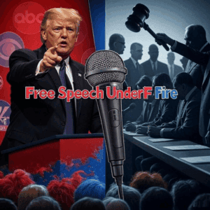 Free speech activism and conservative commentary by Donald Trump at a press conference, highlighting issues of free speech under fire in the U.S. on One Citizen Speaking.