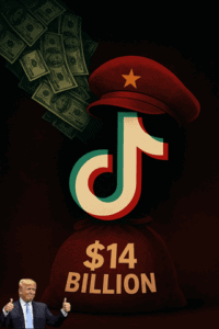 Sudden money, dollar bills, TikTok logo, and a red Soviet-style hat highlighting financial influence and social media trends; relevant to political commentary and digital economy insights.