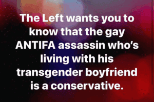 Gay ANTIFA activist standing with transgender boyfriend, controversial political message about left-wing views and conservative values, from One Citizen Speaking website.