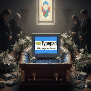 Dusty computer with "404 - page not found" on screen at a funeral, surrounded by floral arrangements and mourners.