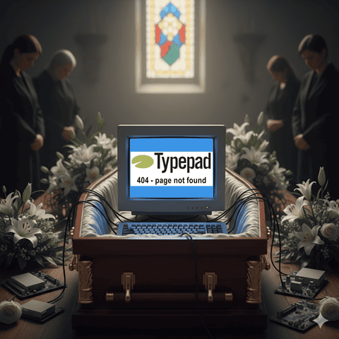 Dusty computer with "404 - page not found" on screen at a funeral, surrounded by floral arrangements and mourners.