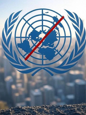 UN flag with a red strike over a globe and cityscape background, symbolizing global issues and activism - associated with One Citizen Speaking.