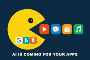 AI Pac-Man graphic illustrating AI integration in popular apps for enhanced user experience and smarter technology solutions.