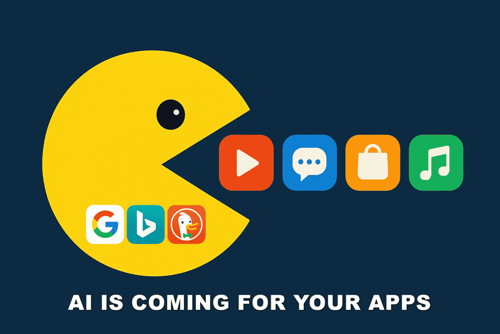 AI Pac-Man graphic illustrating AI integration in popular apps for enhanced user experience and smarter technology solutions.