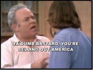 Outsider political commentary on selling out America, political activism, patriotic speech, climate of political dissent, satire on national loyalty.