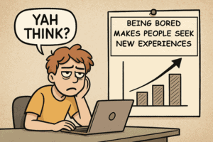 Bored person looking at laptop with chart that says "being bored makes people seek new experiences".