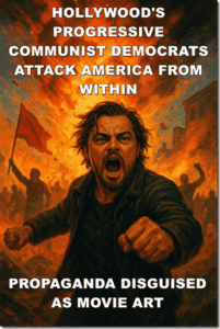 Vivid digital painting illustrating Hollywood's progressive communist Democrats attacking America from within, portraying propaganda disguised as movie art.