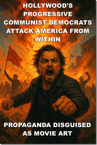 Vivid digital painting illustrating Hollywood's progressive communist Democrats attacking America from within, portraying propaganda disguised as movie art.