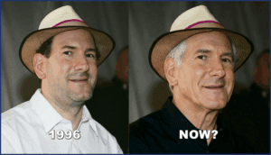 Aging man in comparison photo, showcasing transformation from 1996 to the present day, emphasizing themes of aging and continuity.