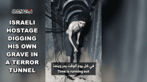 Israeli hostage digging grave in terror tunnel, highlighting conflict and security issues.