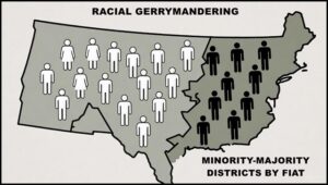 Racial gerrymandering and minority-majority districts in the United States illustrated by a map with colored figures representing different populations.