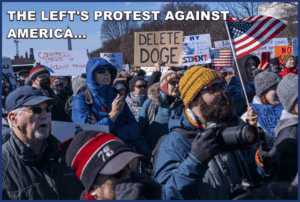 Protesters holding signs at a political rally, demonstrating against government policies and advocating for patriotism and free speech.