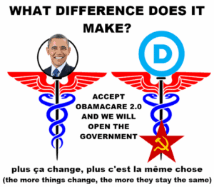 Alternative, alt text: Political satire comparing Obamacare 2.0 acceptance to communist symbolism with Obama and Democratic party logos, emphasizing government change.