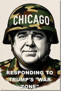Chicago soldier helmet with "RESPONDING TO TRUMP'S 'WAR ZONE'" message, satire on political and military issues in Chicago, social commentary on Trump's policies and urban challenges.