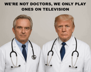 Medical parody image featuring actors as doctors with serious expressions, referencing political figures.
