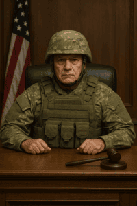 Military judge in uniform seated at courtroom, with gavel on desk and American flag in the background.