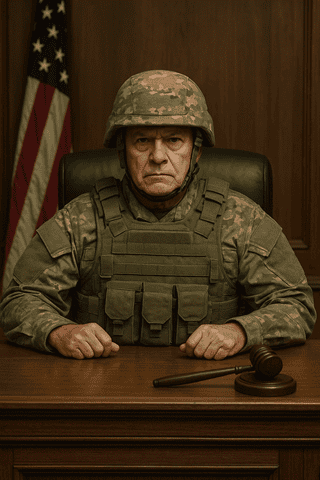 Military judge in uniform seated at courtroom, with gavel on desk and American flag in the background.