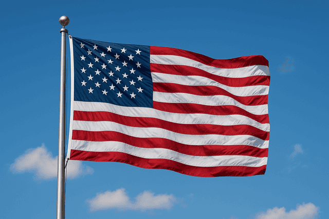 United States flag waving in the wind against a blue sky with clouds, symbolizing patriotism, freedom, and American values. Ideal for topics on government, politics, and national pride.