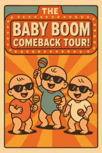 Baby Boom Comeback Tour cartoon illustration with three babies singing with microphones, sunglasses, and cheerful expressions on vibrant orange background.