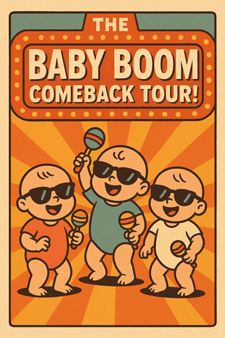Baby Boom Comeback Tour cartoon illustration with three babies singing with microphones, sunglasses, and cheerful expressions on vibrant orange background.
