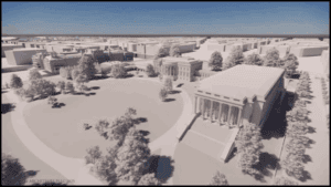 Architectural rendering of a government or civic building with surrounding park area, illustrating urban planning and public infrastructure design.